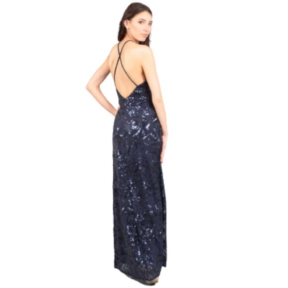 Nightway Gown Dress Navy Blue Mesh Sequins Halter Criss Criss Back Sheath Size 8 - Picture 12 of 16